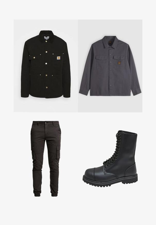 Carhartt WIP CHORE - Übergangsjacke - black; Dunkelgraues Hemd mit langen Ärmeln und Knöpfen, mit zwei Brusttaschen, von denen eine ein kleines schwarz-goldenes Label aufweist.; Schwarze Cargo-Hosen aus Baumwollmischung, mit Seitentaschen, elastischen Bündchen, Knopfverschluss und einer glatten, matten Textur.; Schwarze Lederkampfstiefel mit hohem Schaft, Schnürung an der Vorderseite, gepolstertem Kragen und rutschfester, strukturierter Sohle für guten Halt. Mit verstärkter Zehenkappe.