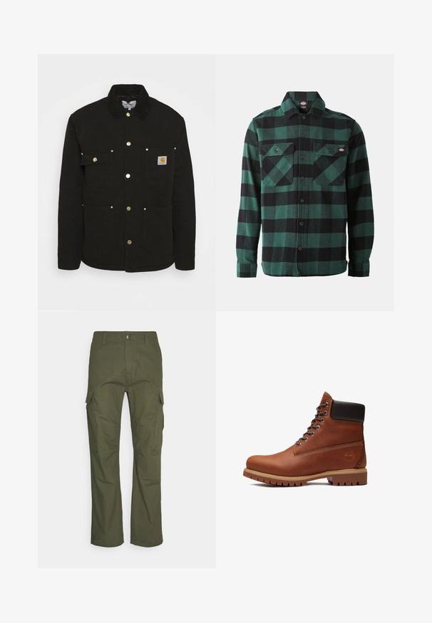 Carhartt WIP CHORE - Jas - black; Groene en zwarte geruite flanellen overhemd met lange mouwen, knoopsluiting aan de voorkant, twee borstzakken en een klassieke kraag. Zachte textuur, veelzijdig ontwerp.; Cargo-broek in donkergroen olijf, met meerdere zijzakken, een rechte pasvorm en een duurzame stof met een gestructureerde afwerking.; Bruine leren veterlaars met zwarte gewatteerde kraag, dikke beige zool en geperst boomlogo aan de hielkant.