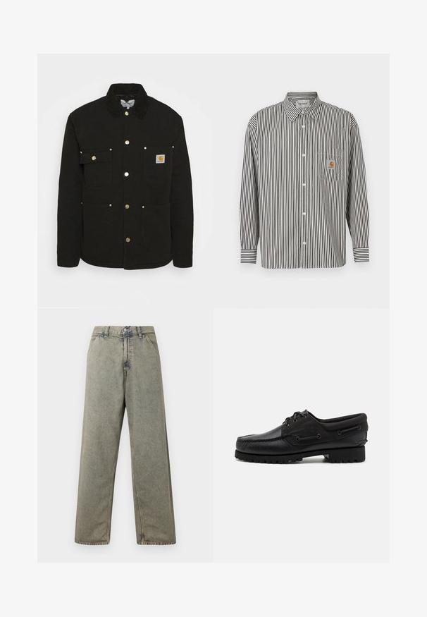 Carhartt WIP CHORE - Übergangsjacke - black; Schwarz-weiß gestreiftes Langarmhemd mit button-down Kragen. Verfügt über eine Brusttasche mit einem beigen Logo-Patch.; Weite Denim-Jeans in einem verblassten Grauton, mit Knopfverschluss und traditionellem Fünf-Taschen-Design sowie sichtbaren Nähdetails.; Schwarzer Schuh mit einem Obermaterial aus Leder, textilen Akzenten, runden Schnürsenkeln und einer strukturierten Gummisohle. Verfügt über Mokassin-Nähte und eine Markeninschrift.