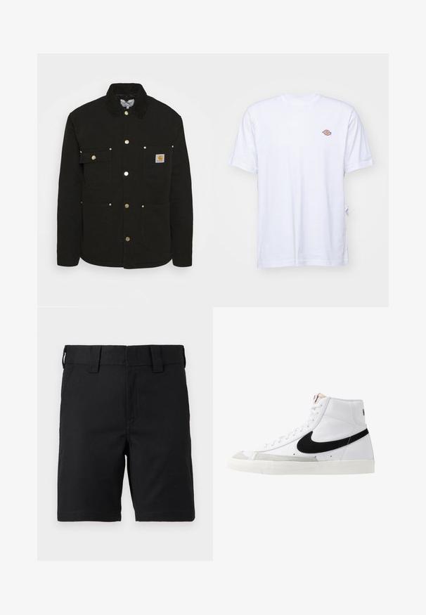 Carhartt WIP CHORE - Veste mi-saison - black; T-shirt en coton blanc avec un col en V et des manches courtes. Présente un petit logo coloré brodé sur la poitrine gauche. Texture douce.; Shorts noirs mi-genoux avec passants de ceinture et poches avant, fabriqués en tissu robuste, présentés sur fond blanc.; Baskets montantes blanches avec un swoosh noir, un capuchon de pied texturé gris et une semelle plate blanche. Elles possèdent six œillets et des accents cousus.