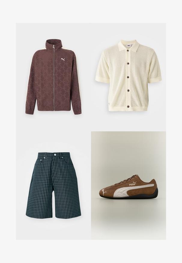 Veste zippée marron Puma avec col haut, rayures blanches sur les manches et motif subtil de logos Puma répétés.; Gilet en tricot à manches courtes de couleur jaune pâle avec un col uni contrasté, cinq boutons marron et des motifs texturés sur le devant.; Shorts à carreaux en bleu marine foncé avec un motif en grille blanche. Fabriqués en tissu tissé, dotés d'une taille mi-haute et de poches avant.; Baskets en daim marron avec des accents blancs et un design texturé. Elles disposent d'une semelle en caoutchouc noire et d'un logo Puma proéminent sur le côté.