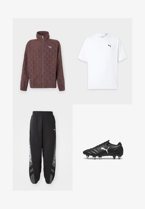 Braune Puma-Jacke mit Reißverschluss, hohem Kragen, weißen Streifen an den Ärmeln und dezentem, wiederkehrendem Puma-Logo-Muster.; Weißes T-Shirt mit kurzen Ärmeln und Rundhalsausschnitt mit kleinem schwarzem Puma-Logo auf der linken Brust vor hellem Hintergrund.; Schwarze Jogginghosen aus weichem Material. Mit elastischem Bund, schmal zulaufenden Beinen, grauen Akzenten und weißen Logos an den Seiten.; Schwarze Fußballschuhe aus strukturiertem Material, mit weißem Puma-Logo, Schnürverschluss und Metallnägeln für besseren Halt. Das Design betont Leistung und Unterstützung.