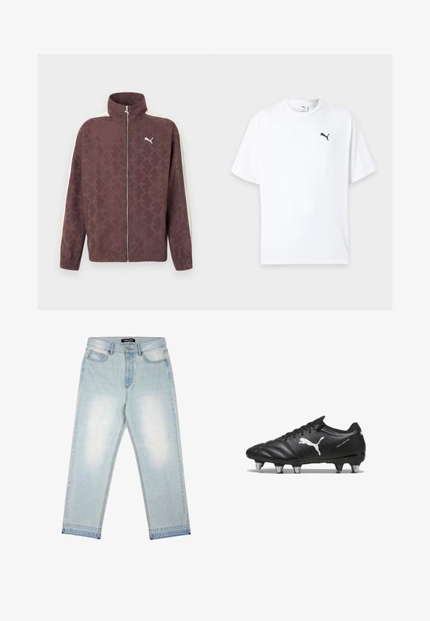 Bruine Puma-jas met ritssluiting, hoge kraag, witte strepen op de mouwen en een subtiel herhaald Puma-logo patroon.; Witte T-shirt met korte mouwen en ronde hals met een klein zwart Puma-logo op de linkerborst tegen een lichte achtergrond.; Pegador BARROW - Wijde jeans - sand washed blue; Zwarte voetbalschoenen van gestructureerd materiaal, met een wit Puma-logo, vetersluiting en metalen noppen voor grip. Het ontwerp benadrukt prestaties en ondersteuning.