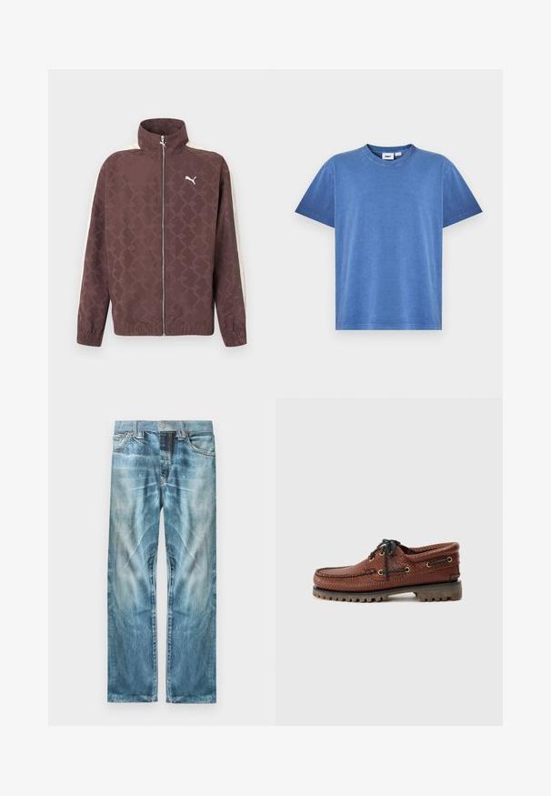 Brun Puma-jakke med lynlås, høj krave, hvide striber på ærmerne og et diskret gentaget Puma-logo mønster.; Blå bomulds-T-shirt med rund halsudskæring, korte ærmer og en afslappet pasform. Har en glat tekstur og minimale syninger.; Lyseblå falmede denimjeans med lige ben, forlommer, bæltestropper og knaplukning.; Brune læder bådsko med struktureret overdel, sorte snørebånd og gyldne øjer. Har en holdbar, rillede gummisål.
