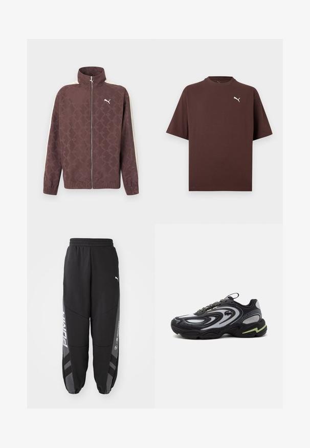 Brun Puma-jakke med lynlås, høj krave, hvide striber på ærmerne og et diskret gentaget Puma-logo mønster.; Brun T-shirt med korte ærmer og rund hals med lille hvid Puma-logo på venstre bryst mod en hvid baggrund.; Sorte joggebukser lavet af blødt materiale. Har elastisk talje, tapered ben, grå detaljer og hvide logoer på siderne.; Sort og grå Lacoste Storm 2K sneaker med bølgemønstre, snøredesign og en tyk sål med en lys grøn accent.