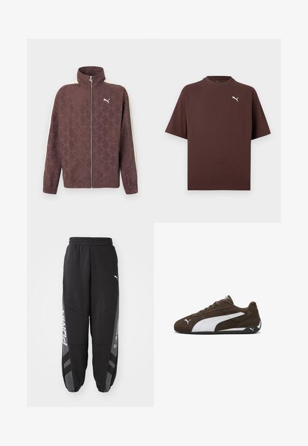 Bruine Puma-jas met ritssluiting, hoge kraag, witte strepen op de mouwen en een subtiel herhaald Puma-logo patroon.; Bruine T-shirt met korte mouwen en ronde hals, met een klein wit Puma-logo op de linkerborst, tegen een witte achtergrond.; Zwarte joggers van zacht materiaal. Kenmerken zijn een elastische tailleband, taps toelopende pijpen, grijze accenten en witte logo's op de zijkanten.; Bruine suède sneakers met witte accenten, laag profiel, afgeronde neus en zwarte rubberen zool. Voorzien van veters en logodetails.
