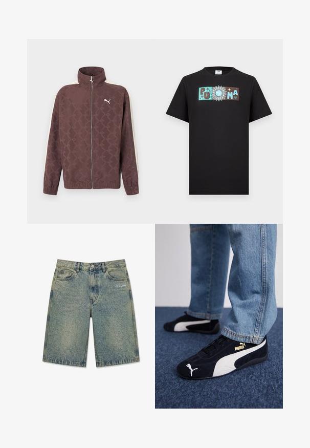 Chaqueta marrón con cremallera de Puma, con cuello alto, rayas blancas en las mangas y un patrón sutil de logotipos repetidos de Puma.; Camiseta negra de manga corta con un diseño de logo horizontal que presenta las letras "PUMA" y un sol con el icono de Puma en el centro.; Pantalones cortos de mezclilla azul claro con un acabado desteñido, bolsillos delanteros, trabillas para cinturón, cierre de botón y logotipo "PEGADOR" en el bolsillo delantero derecho.; Zapatillas de ante negras con acentos blancos, que presentan un logo dorado. Combinadas con unos jeans de mezclilla azul claro y colocadas sobre una superficie texturizada azul.