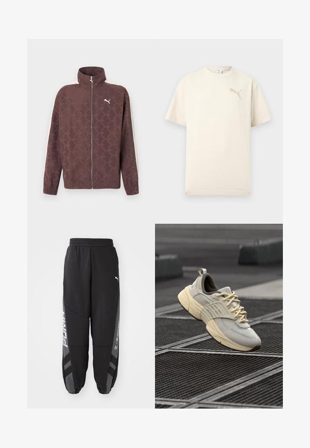 Chaqueta marrón con cremallera de Puma, con cuello alto, rayas blancas en las mangas y un patrón sutil de logotipos repetidos de Puma.; Camiseta de manga corta color crema con logo beige de Puma en el pecho superior izquierdo y cuello redondo, mostrada sobre un fondo claro y sencillo.; Pantalones de chándal negros hechos de material suave. Con cinturilla elástica, piernas ajustadas, detalles en gris y logotipos blancos en los laterales.; Zapatillas de malla en color beige con acentos en gris claro, suela texturada y cordones planos, que cuentan con un collar acolchado y una suela de goma esculpida.