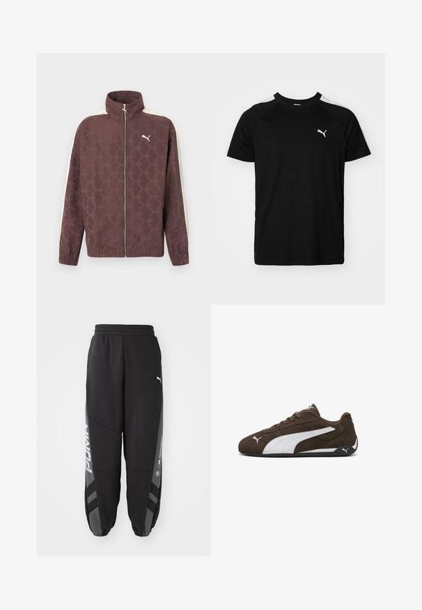 Chaqueta marrón con cremallera de Puma, con cuello alto, rayas blancas en las mangas y un patrón sutil de logotipos repetidos de Puma.; Camiseta negra de manga corta con franjas blancas en los hombros, escote redondo y pequeño logo blanco en el lado izquierdo del pecho. Tejido suave, corte clásico.; Pantalones de chándal negros hechos de material suave. Con cinturilla elástica, piernas ajustadas, detalles en gris y logotipos blancos en los laterales.; Zapatillas deportivas de ante marrón con detalles blancos, diseño de perfil bajo, puntera redondeada y suela de goma negra. Cuenta con cordones y detalles de logotipo.