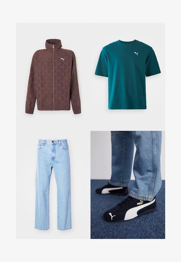 Veste zippée marron Puma avec col haut, rayures blanches sur les manches et motif subtil de logos Puma répétés.; T-shirt en coton teal à manches courtes, col rond, avec un logo Puma blanc sur la poitrine gauche ; texture lisse et coupe régulière.; Jean denim bleu clair avec un design à jambe droite, taille haute, style à cinq poches et une fermeture classique à bouton et zip.; Baskets en daim noir avec accents blancs, arborant un logo doré. Portées avec un jean en denim bleu clair et posées sur une surface bleue texturée.