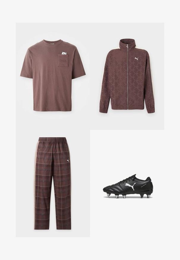 Veste zippée marron Puma avec col haut, rayures blanches sur les manches et motif subtil de logos Puma répétés.; T-shirt en coton brun à manches courtes. Présente une poche poitrine avec un graphique d'un chat qui regarde et le mot "PUMA" embossé sur la poche.; Pantalon de survêtement à carreaux marron avec taille élastique, bandes latérales beige, poches avant et logo Puma blanc sur la cuisse droite.; Bottes de football noires avec un matériau texturé, logo Puma blanc, fermeture à lacets et crampons en métal pour l'adhérence. Le design met l'accent sur la performance et le soutien.