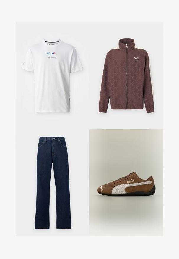 Brun Puma-jakke med lynlås, høj krave, hvide striber på ærmerne og et diskret gentaget Puma-logo mønster.; Hvid bomulds t-shirt med BMW-logoet, "Motorsport" tekst i grå og farverige accenter på siderne. Kortærmet og med rund halsdesign.; Mørkeblå denimjeans med lige ben, fem lommer, bæltestropper og lukning med knap og lynlås foran.; Brun ruskindsneaker med hvide accenter og tekstureret design. Har en sort gummisål og et fremtrædende Puma-logo på siden.