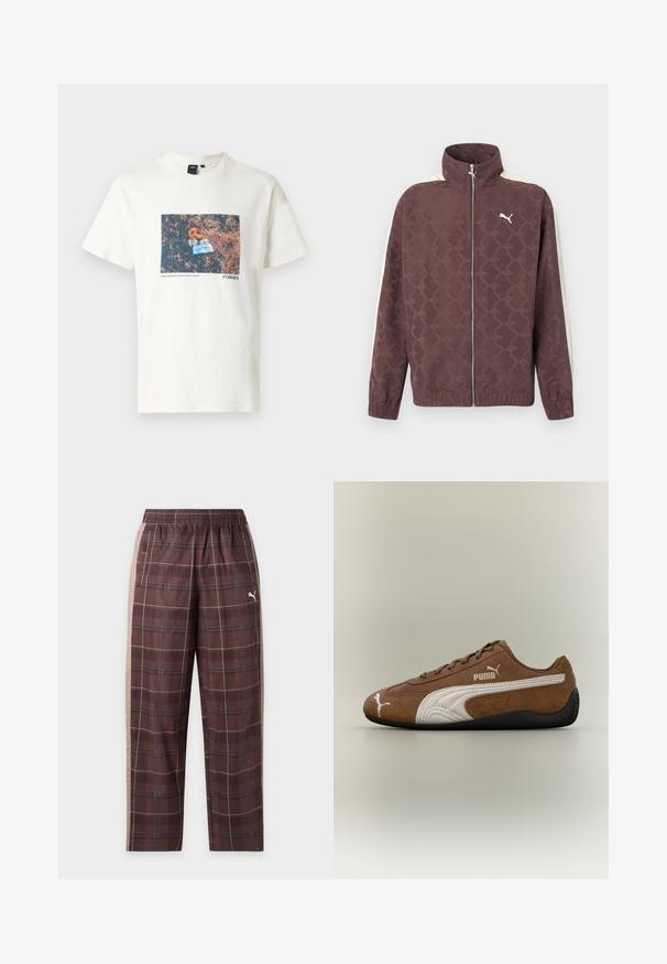 Veste zippée marron Puma avec col haut, rayures blanches sur les manches et motif subtil de logos Puma répétés.; T-shirt en coton crème avec une impression graphique rectangulaire de fleurs et d'un objet bleu sur un fond brun texturé. Étiquette noire au niveau du col.; Pantalon de survêtement à carreaux marron avec taille élastique, bandes latérales beige, poches avant et logo Puma blanc sur la cuisse droite.; Baskets en daim marron avec des accents blancs et un design texturé. Elles disposent d'une semelle en caoutchouc noire et d'un logo Puma proéminent sur le côté.
