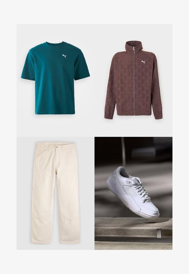 Chaqueta marrón con cremallera de Puma, con cuello alto, rayas blancas en las mangas y un patrón sutil de logotipos repetidos de Puma.; Camiseta de algodón azul verdoso con mangas cortas, cuello redondo y un logo blanco de Puma en el lado izquierdo del pecho; textura suave y corte regular.; Pantalones beige a rayas hechos de algodón con corte recto. Incluyen bolsillos delanteros y cierre de botón. Patrón de líneas verticales en la tela.; Zapatilla deportiva blanca con cordones suspendida sobre un banco de hormigón en un entorno interior poco iluminado.