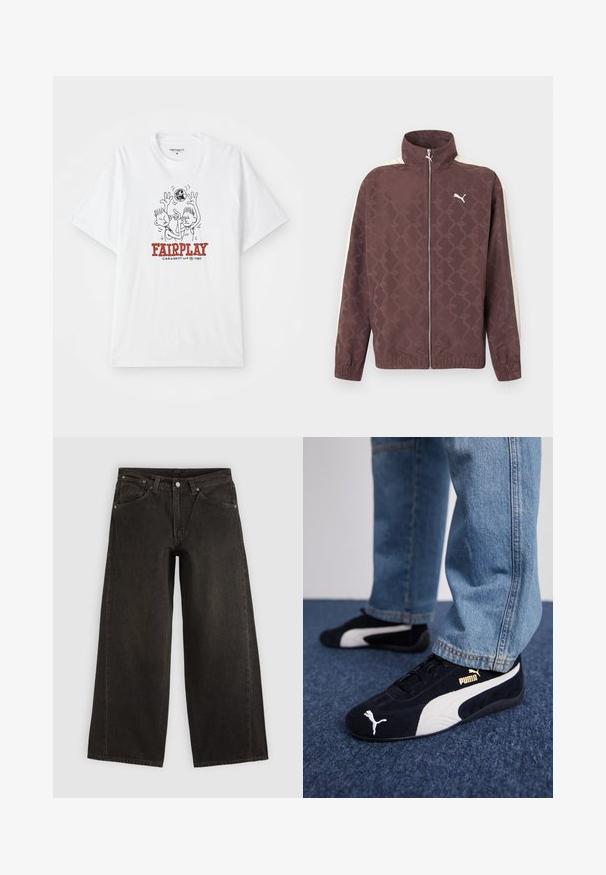 Bruine Puma-jas met ritssluiting, hoge kraag, witte strepen op de mouwen en een subtiel herhaald Puma-logo patroon.; Witte katoenen t-shirt met een cartoonafbeelding van twee figuren die basketbal spelen, met "FAIRPLAY" in rode tekst onder het ontwerp.; Zwarte wijdere denim jeans met voorzakken, knoopsluiting en ceintuurlussen, plat neergelegd op een lichte achtergrond.; Zwarte suède sneakers met witte accenten, voorzien van een gouden logo. Gemaakt met lichtblauwe spijkerbroek en geplaatst op een textuur blauwe ondergrond.