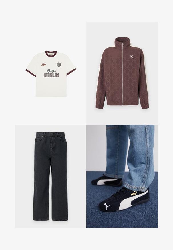 Braune Puma-Jacke mit Reißverschluss, hohem Kragen, weißen Streifen an den Ärmeln und dezentem, wiederkehrendem Puma-Logo-Muster.; Weißes T-Shirt mit kurzen Ärmeln und burgunderfarbenen Akzenten, mit dem Text "Escape BERLIN" in der Mitte auf der Vorderseite, "Mitte" auf der linken Brust und einem runden Emblem mit zwei Sternen auf der rechten Brust.; Dunkelblaue Denim-Hosen mit weitem Bein, Fünf-Taschen-Design und Knopfverschluss. Enthält Hardware in kupferfarbener Ausführung und eine subtile Textur.; Schwarze Wildledersneaker mit weißen Akzenten und einem goldenen Logo. Getragen mit hellblauen Jeans und auf einer strukturierten blauen Oberfläche platziert.