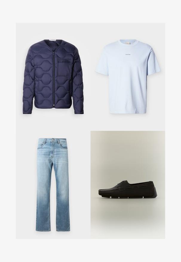 Marineblaue Steppjacke mit einem gesteppten Design, das abgerundete Abschnitte aufweist, einen Frontreißverschluss und eine linke Brusttasche mit Markendetail.; Hellblaues Baumwoll-T-Shirt mit rundem Ausschnitt und kurzen Ärmeln, versehen mit einem kleinen schwarzen "Calvin Klein"-Logo auf der Brust.; Helle blaue Jeans aus Denim mit geradem Bein, die an den Oberschenkeln Ausbleichungen aufweisen, zwei vordere Taschen und einen klassischen Knopfverschluss haben.; Dunkelbrauner Herren-Ledermokassin mit Mokassinnaht und Gummisohle, seitlich auf neutralem Hintergrund dargestellt.