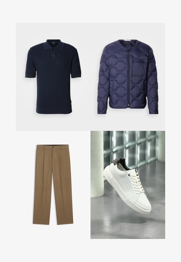 Marineblauwe donzen jas met een doorgestikt ontwerp, met afgeronde secties, een rits aan de voorkant en een borstzak aan de linkerzijde met merkreclame.; Marineblauw ribbed poloshirt met een twee-knops knoopsluiting, korte mouwen en een platte kraag. De stof heeft een gestructureerde afwerking en een getailleerde pasvorm.; Bruine rechte broek met riemlussen, knoop aan de voorkant en ritssluiting, plat liggend op een witte achtergrond.; Witte lage sneaker met zwarte, gestructureerde hielkap, witte veters en dikke zool op een gepolijste betonnen vloer nabij glazen blokken.