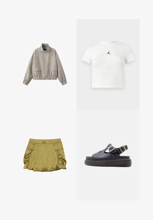 Veste zippée à carreaux beige et gris clair avec col montant, manches longues, ourlet élastiqué et poches avant à rabat.; T-shirt cropped en coton blanc avec un logo Jumpman noir au centre. Manches courtes et encolure ronde avec une texture lisse.; Jupe courte vert olive avec tissu froncé, taille élastique et deux poches à rabat sur les côtés.; Sandale plateforme noire avec deux brides réglables à boucle, coutures décoratives et couture de couleur jaune sur une semelle épaisse.