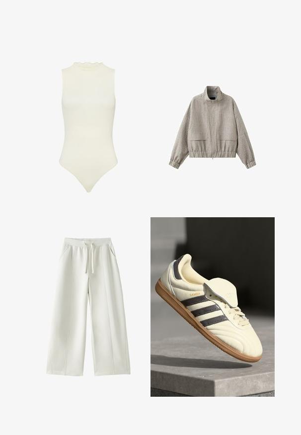 Beige og lysegrå ternet lynlåsjakke med høj krave, lange ærmer, elastisk kant og lommer med klap foran.; Hvid ærmeløs bodysuit med høj hals, prydet med en flæse, lavet af strækbart ribbet materiale, med en tætsiddende silhuet.; Hvide bukser med vide ben, elastik i taljen, snøre foran, sidelommer og synlige syninger på ensfarvet baggrund.; Cremefarvede lædersneakers med tre mørke striber, en brun gummisål og en afrundet tå. Har en foldbar tunge mærket "SAMBA."