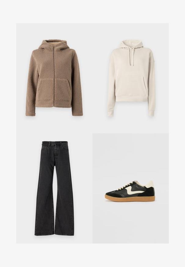 Fleecejas met ritssluiting en capuchon in lichtbruin, voorzien van een zachte, gestructureerde buitenkant, twee voorkantzakken en een ontspannen pasvorm.; Beige hoodie van zacht materiaal, met een voorzak, verstelbare trekkingkap en ribgebreide mouwen en onderkant.; Zwarte wijde jeans gemaakt van denim. Heeft een knoopsluiting, riemlussen en twee zijzakken. Subtiele textuur zichtbaar op de stof.; Zwarte suède en leren sneaker met een crèmekleurige zij-swoosh en lichte crèmekleurige hiel. Voorzien van beige veters en een gumrubberen zool.