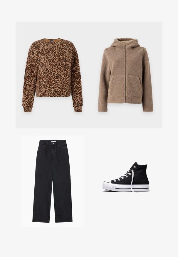 Fliisist lukuga kapuutsiga jakk helepruunis toonis, millel on pehme, tekstuurne välimus, kaks esimest taskut ja mugav lõige.; Leopardimustriga sweatshirt pruunide ja mustade toonidega. Valmistatud pehmest kangast, ümar kaelus ja pikad varrukad elastsete kraeääridega.; Mustad kõrgvööga laiad denimist teksad, millel on eesne nupp ja lukukinnis, vööaasad ning viis taskut.; Mustad kõrge säärega lõuendist toss valge kummist tallaga ja valgete paeltega, näidatud küljelt valgel taustal.