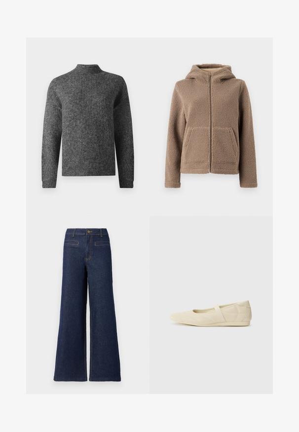 Fleece lynlås hættejakke i lysebrun med en blød, struktureret overflade, to forlommer og en afslappet pasform.; Mørkegrå strikket sweater med lange ærmer og en kort mock neck, vist fra forsiden på en hvid baggrund.; Bredde denimbukser i mørkeblå med høj talje, knaplukning foroven og kontrasterende orange syninger. To baglommer synlige.; Lysebrune ballet flats med en glat læderoverflade, mandelformet tå og elastisk rem over vristen, med diskrete syninger.