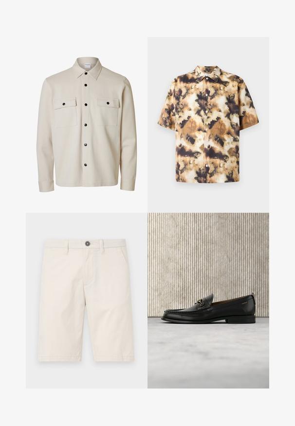Beiges Langarmhemd mit schwarzen Knöpfen, zwei Brustklappen mit Knopfverschluss und spitzem Kragen.; Samsøe Samsøe SAAYO SHIRT - Hemd - collage cameo; Helle beige Shorts aus Baumwolle mit geradem Schnitt, zwei seitlichen Taschen und einem einzelnen schwarzen Knopf am Bund.; Schwarzer Lederloafer mit goldfarbenem Metallbit und "HUGO"-Markenlogo, präsentiert vor einem beigen Teppich und braunen durchsichtigen Möbelstücken.