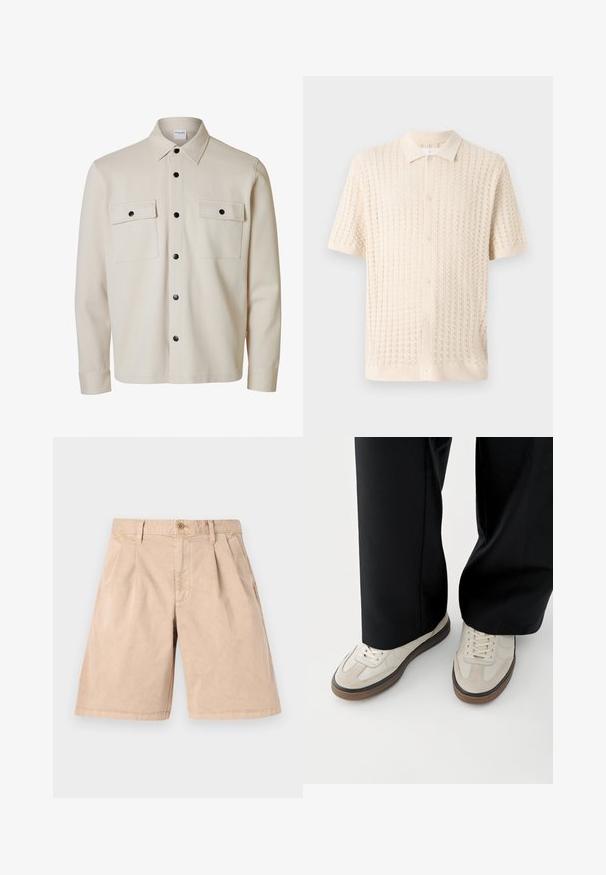 Beige langærmet skjorte med sorte knapper, to brystlommer med klap og knaplukning samt en spids krave.; Kortærmet skjorte med knaplukning i lys creme, med et struktureret strikkemønster, krave og fem knapper ned ad fronten.; Beige shorts lavet af bomuld, med en lige pasform, plisseret front, sidelommer og en enkelt knaplukning i taljen.; Fødder iført beige sneakers med brune såler og sorte bukser med vide ben på hvid baggrund.