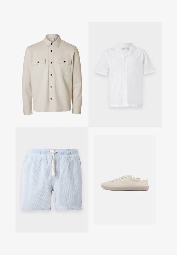 Camisa beige de manga larga con botones negros, dos bolsillos con solapa en el pecho con cierre de botón y cuello puntiagudo.; Camisa blanca de botones de manga corta con un bolsillo, que presenta una tela texturizada y un diseño de cuello relajado.; Pantalones cortos a rayas de color azul claro, hechos de un tejido suave con cintura elástica y cordón. Con bolsillos laterales y un corte relajado.; Zapatilla beige de ante con parte superior texturizada, contrafuerte de talón blanco liso, cordones finos y suela de goma. Presenta un diseño de perfil bajo.