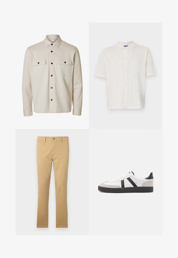 Beige overhemd met lange mouwen en zwarte knopen, twee borstzakken met kleppen en knoopsluitingen, en een puntige kraag.; Korte mouw polo in off-white, met een textuurpatroon, knoopsluiting aan de voorkant en een klassiek kraagontwerp.; Khaki broek van katoen, met een rechte pijpdesign, voorzakken, een knoopsluiting en een subtiele stofstructuur.; Witte sneaker met zwarte en grijze accenten, voorzien van een grijze neus met textuur, zwarte rubberen zool en platte witte veters. Schoon ontwerp, minimalistische stijl.