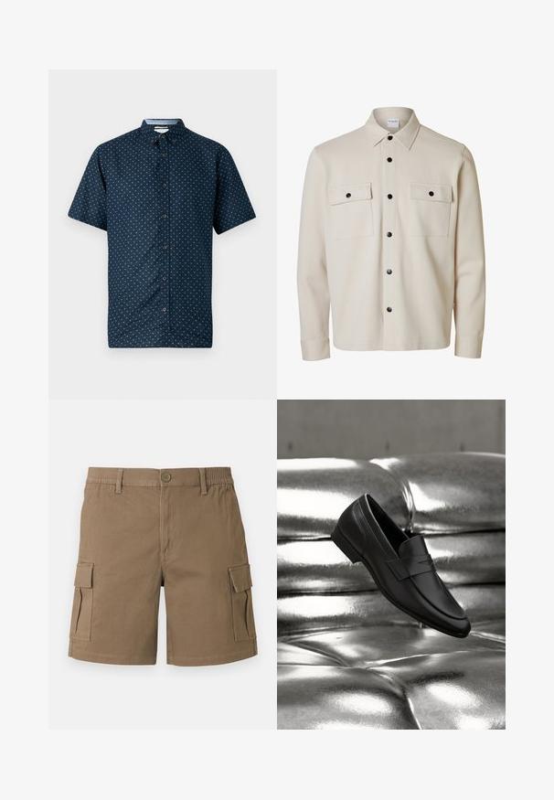 Beige langærmet skjorte med sorte knapper, to brystlommer med klap og knaplukning samt en spids krave.; Korte ærmer navy knap-op skjorte med et lille hvidt bladmønster, krave og mørke knapper. Fremstillet af letvægtsstof, glat tekstur.; Brune cargoshorts med knaplukning, bæltestropper og klaplommer på begge sider.; Sort læderloafer placeret over en skinnende metalisk sølv tuftet pude baggrund.