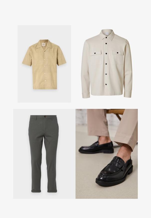 Beige langærmet skjorte med sorte knapper, to brystlommer med klap og knaplukning samt en spids krave.; Kortærmet skjorte med knapper i lys beige med et subtilt rutenetmotiv. Lavet af et blødt, tekstureret stof; har en klassisk krave og fem knapper.; Grå bukser med lige ben-design, lavet af letvægtsstof, med en rullet kant og en enkelt knaplukning foran.; Sorte lædermokkasiner med en glat overflade, der har en dekorativ rem og kontraststing, parret med beige bukser.