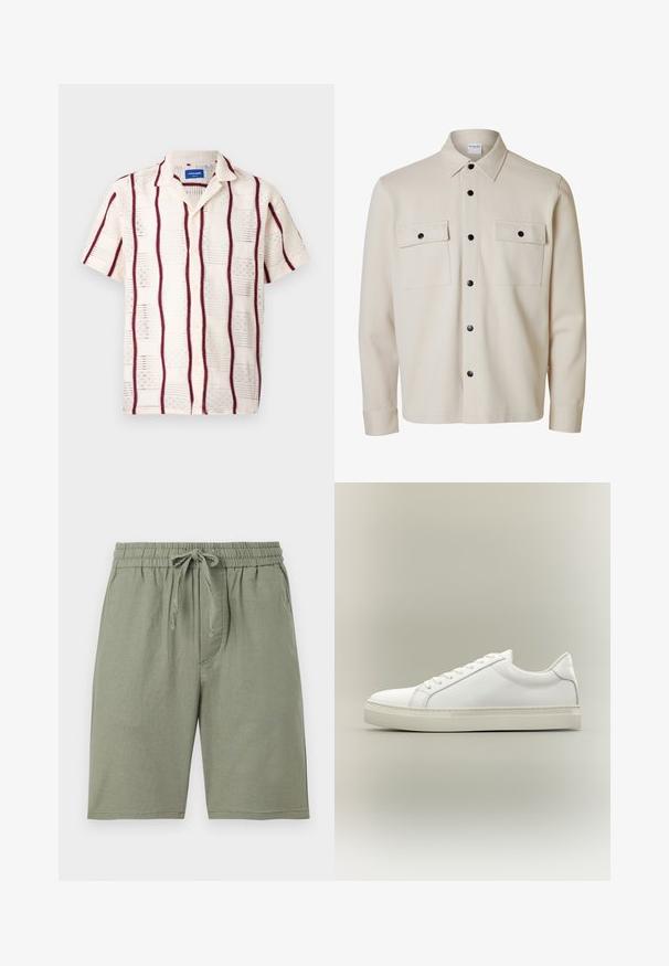 Chemise beige à manches longues avec boutons noirs, deux poches à rabat sur la poitrine avec fermetures à boutons et un col pointu.; Chemise à manches courtes de couleur crème avec des rayures verticales bordeaux et un motif brodé. Boutonnage sur le devant et col à encoches.; Shorts en coton vert clair avec une taille élastique et un cordon de serrage réglable. Comprend des poches latérales et une coupe au niveau du genou.; Baskets blanches basses à lacets sur l’avant et semelle épaisse, vues de côté sur un fond neutre.