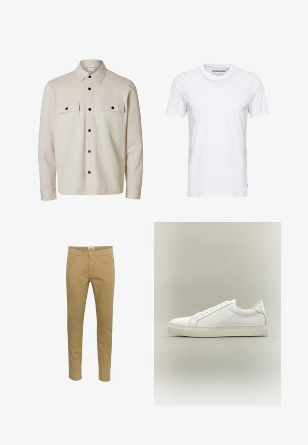 Beige langærmet skjorte med sorte knapper, to brystlommer med klap og knaplukning samt en spids krave.; Hvid t-shirt med korte ærmer lavet af bomuld, med en rund hals og et enkelt design. Brandtag synlig på halsområdet. Ingen mønstre eller accenter.; Beige chinos med slim fit. Fremstillet af en blanding af bomuldsstof, med to sidelommer og en enkelt baglomme, afsluttet med en knaplukning.; Hvid lavtop sneaker med snørebånd foran og tyk sål, vist fra siden mod en neutral baggrund.