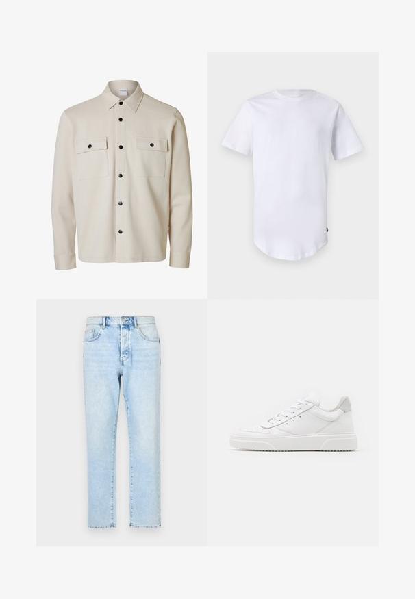 Beige langærmet skjorte med sorte knapper, to brystlommer med klap og knaplukning samt en spids krave.; Hvid kortærmet t-shirt lavet af bomuld. Rund halsudskæring med en buet kant. Etiket synlig på nederste venstre side. Glat tekstur.; Lysblå denimbukser med lige ben, falmede detaljer og traditionelt fem-lomme design. Lukkes med lynlås og knap foran.; Hvide lædersneakers med en glat finish, rund tå, flade snørebånd og en struktureret sål. Grå ruskindsdetalje ved hælen.