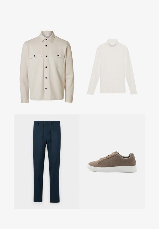 Camisa beige de manga larga con botones negros, dos bolsillos con solapa en el pecho con cierre de botón y cuello puntiagudo.; Top de manga larga con cuello alto en blanco. Tejido suave y elástico con una silueta ajustada. Presenta un cuello alto y un detalle de costuras mínimas.; Pantalones azul marino de tela ligera, con cierre de botón y cordón ajustable, en un corte slim y tapered.; Zapatillas de ante marrón con suelas de goma blanca planas, diseño de cordones, punta redondeada y una textura suave. Estilo minimalista con sutiles detalles de costura.
