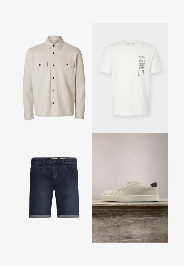 Beiges Langarmhemd mit schwarzen Knöpfen, zwei Brustklappen mit Knopfverschluss und spitzem Kragen.; Weißes T-Shirt mit kurzen Ärmeln, Rundhalsausschnitt und schwarzem, abstraktem rechteckigem Motiv auf der linken Brustseite.; Dunkelblaue Denim-Shorts mit klassischem Fünf-Taschen-Design, umgeschlagenem Saum und Knopfverschluss. Glatte Textur.; Weißer Sneaker mit strukturierter Sohle und schwarzem Absatzdetail, schwebend über einer Holzbank mit hohem grünem Gras im Hintergrund.