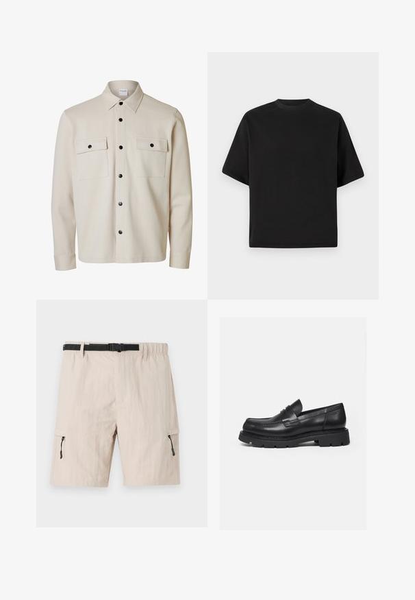 Beige langærmet skjorte med sorte knapper, to brystlommer med klap og knaplukning samt en spids krave.; Sort T-shirt med kortærmer i løs pasform, lavet af glat bomuld, med rund halsudskæring og minimalistisk design.; Beige cargo shorts med elastisk talje, justerbart sort bælte og sidelommer med lynlås. Lavet af letvægtsstof med en subtil tekstur.; Sort læderloafer med tyk rillede sål og penny-remdetalje, vist i højre sideprofil på hvid baggrund.