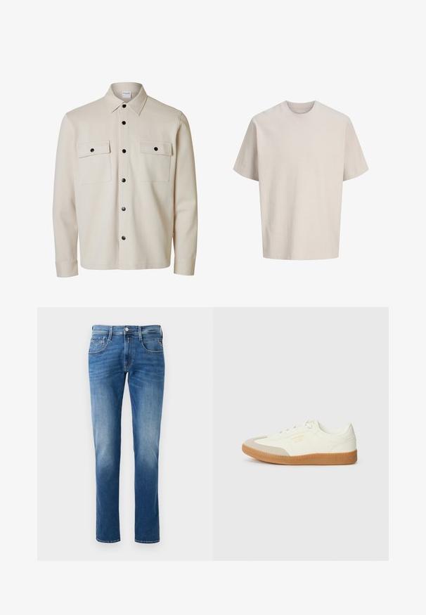 Beige overhemd met lange mouwen en zwarte knopen, twee borstzakken met kleppen en knoopsluitingen, en een puntige kraag.; Beige geribd T-shirt met korte mouwen, ronde hals, losse pasvorm en subtiele verticale textuurlijnen.; Heren blauwe denim jeans met een vervaagde was, straight leg ontwerp, vijf zakken en een sluiting met een knoop aan de voorkant. Gestikte accenten op de zakken.; Schoen gemaakt van wit leer met een beige teenkap en een lichtbruine rubberen zool. Voorzien van platte witte veters en reliëfbranding aan de zijkant.