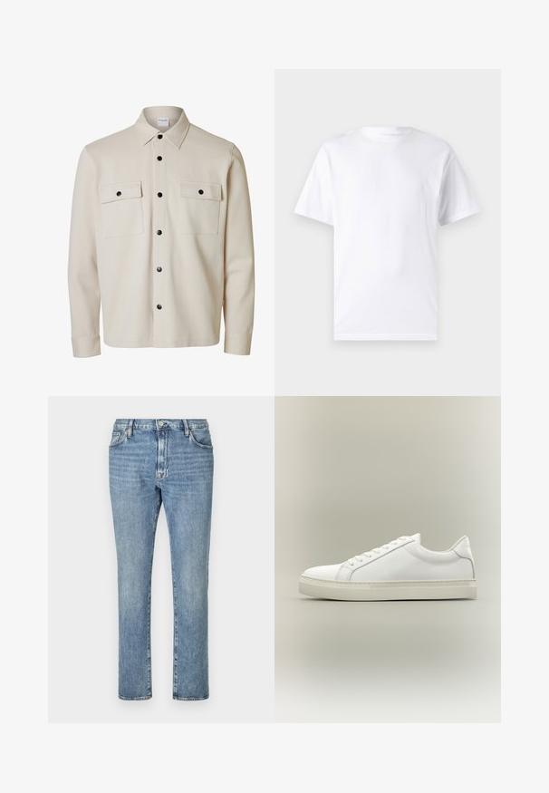 Beige overhemd met lange mouwen en zwarte knopen, twee borstzakken met kleppen en knoopsluitingen, en een puntige kraag.; Witte T-shirt met korte mouwen, gemaakt van katoen, met een ronde hals. Het heeft een gladde textuur en een eenvoudig ontwerp zonder patronen of accenten.; Lichtblauwe denim jeans met een rechte pijp, voorzien van vijf zakken en een knoopsluiting aan de voorkant. Een vervaagde textuur voegt visuele interesse toe.; Witte lage sneaker met veters aan de voorkant en dikke zool, zijaanzicht tegen een neutrale achtergrond.