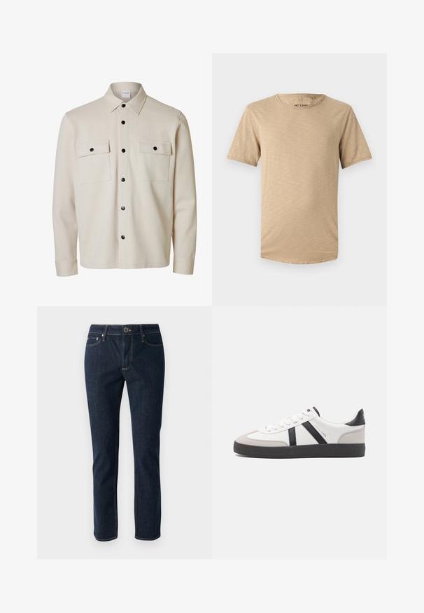 Beiges Langarmhemd mit schwarzen Knöpfen, zwei Brustklappen mit Knopfverschluss und spitzem Kragen.; Beige T-Shirt mit kurzen Ärmeln aus weichem Stoff. Besitzt einen runden Halsausschnitt und eine leicht strukturierte Oberfläche mit abgerundetem Saum.; Dunkelblaue Denim-Jeans mit geradem Bein, ausgestattet mit einem Knopfverschluss, fünf Taschen und kontrastierenden Nähten. Glatte Textur.; Weiße Sneaker mit schwarz- und grau-aczenten, ausgestattet mit einer strukturierten grauen Zehenkappe, schwarzer Gummi-Sohle und flachen weißen Schnürsenkeln. Sauberes Design, minimalistische Stil.