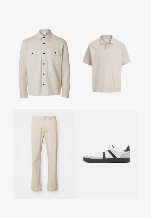 Beige overhemd met lange mouwen en zwarte knopen, twee borstzakken met kleppen en knoopsluitingen, en een puntige kraag.; Beige poloshirt met korte mouwen, subtiele verticale strepen, een klassieke kraag en een twee knopen sluiting.; Beige katoenen chinos met een recht gesneden ontwerp, met een knoopsluiting en subtiele plooien voor textuur. Glad stof en strakke lijnen.; Witte sneaker met zwarte en grijze accenten, voorzien van een grijze neus met textuur, zwarte rubberen zool en platte witte veters. Schoon ontwerp, minimalistische stijl.