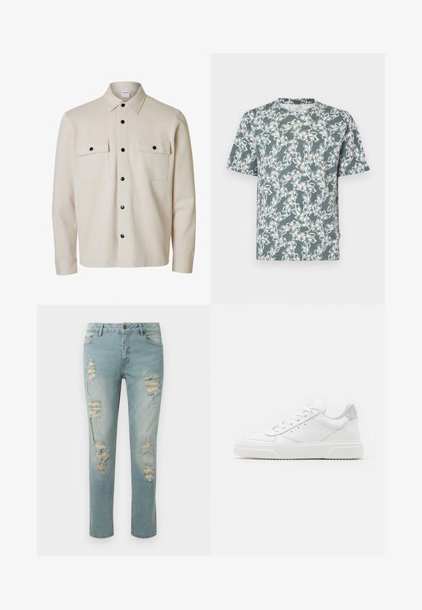 Beige overhemd met lange mouwen en zwarte knopen, twee borstzakken met kleppen en knoopsluitingen, en een puntige kraag.; Korte mouwen T-shirt in een teal kleur, met een wit bloemenpatroon. Gemaakt van lichtgewicht stof met een ontspannen pasvorm.; Lichtblauwe verweerde jeans met gescheurde details en rafelige randen. Klassiek vijf-pocket ontwerp en een rechte pijp.; Witte leren sneakers met een gladde afwerking, ronde neus, platte veters en een gestructureerde zool. Grijze suède accent bij de hiel.