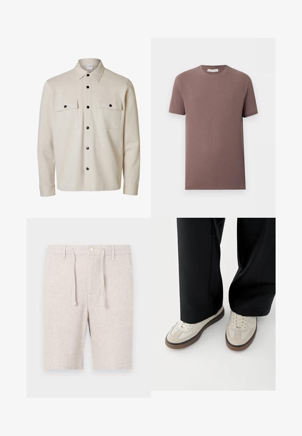 Camisa beige de manga larga con botones negros, dos bolsillos con solapa en el pecho con cierre de botón y cuello puntiagudo.; Camiseta de manga corta de punto acanalado en malva apagado con escote redondo, presentada plana sobre un fondo claro.; Pantalones cortos de color gris claro fabricados con un tejido texturizado con patrón de espiga. Cuentan con una cinturilla elástica, cordón ajustable y bolsillos frontales.; Pies con zapatillas beige con suelas marrones y pantalones negros de pierna ancha sobre un fondo blanco.