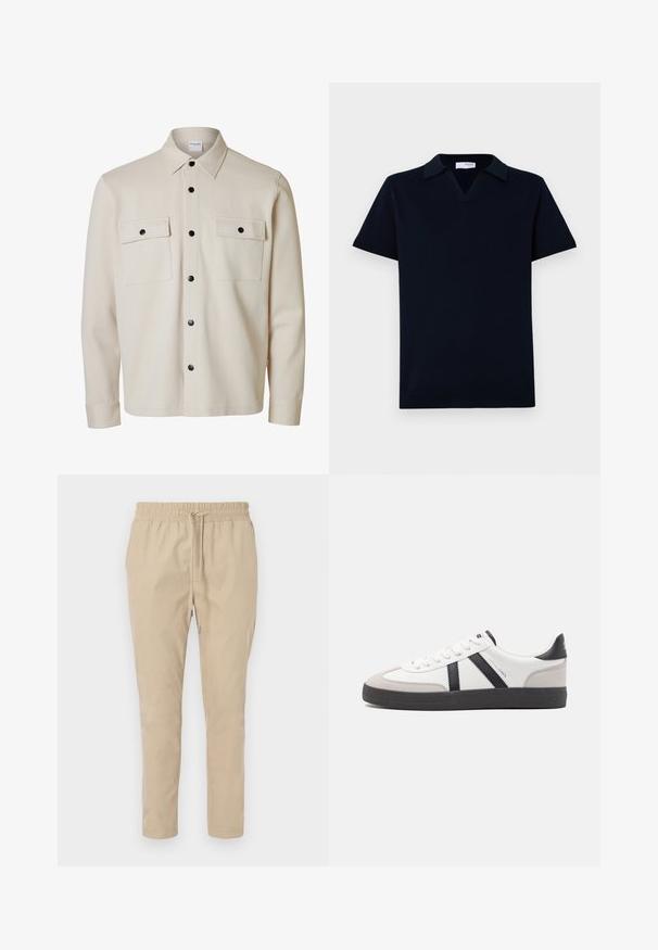 Camisa beige de manga larga con botones negros, dos bolsillos con solapa en el pecho con cierre de botón y cuello puntiagudo.; Polo de punto azul marino con cuello en V, mangas cortas y cuello plano. Acabados en canalé en el dobladillo y los puños, con una textura suave.; Pantalones ligeros de color beige con cintura elástica y cordón. Diseño de pierna recta, textura suave y sin patrones ni acentos visibles.; Zapatilla blanca con acentos en negro y gris, que presenta una puntera texturizada en gris, suela de goma negra y cordones planos blancos. Diseño limpio, estilo minimalista.