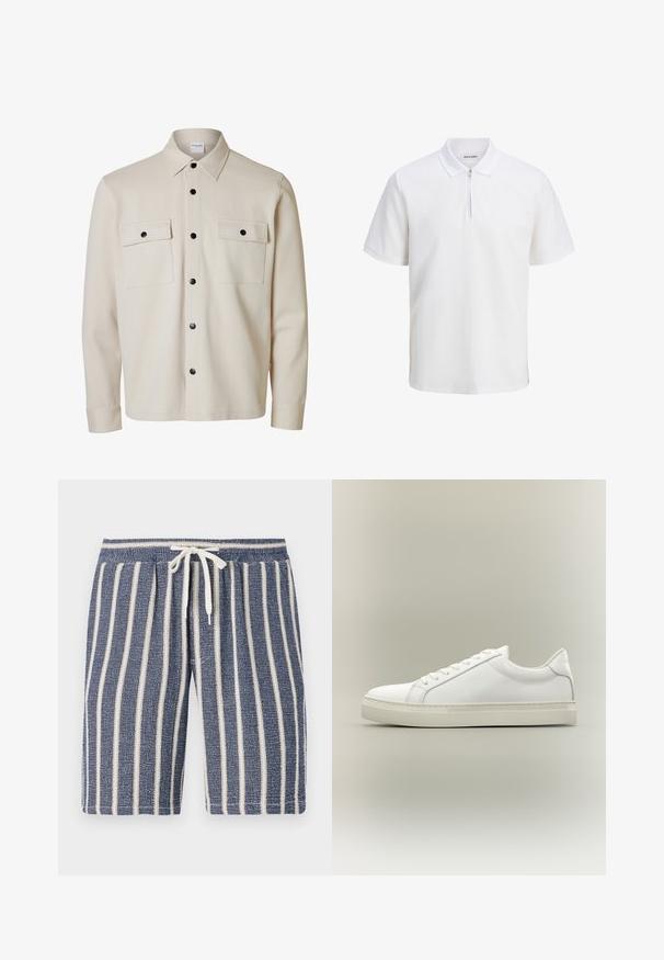 Chemise beige à manches longues avec boutons noirs, deux poches à rabat sur la poitrine avec fermetures à boutons et un col pointu.; Polo shirt blanc en coton texturé, avec fermeture éclair, manches courtes et col. Marquage subtil sur le côté gauche à l'avant.; Shorts texturés bleu marine avec des rayures verticales blanches, taille élastique et détail à cordon de serrage. Design décontracté adapté aux temps chauds.; Baskets blanches basses à lacets sur l’avant et semelle épaisse, vues de côté sur un fond neutre.