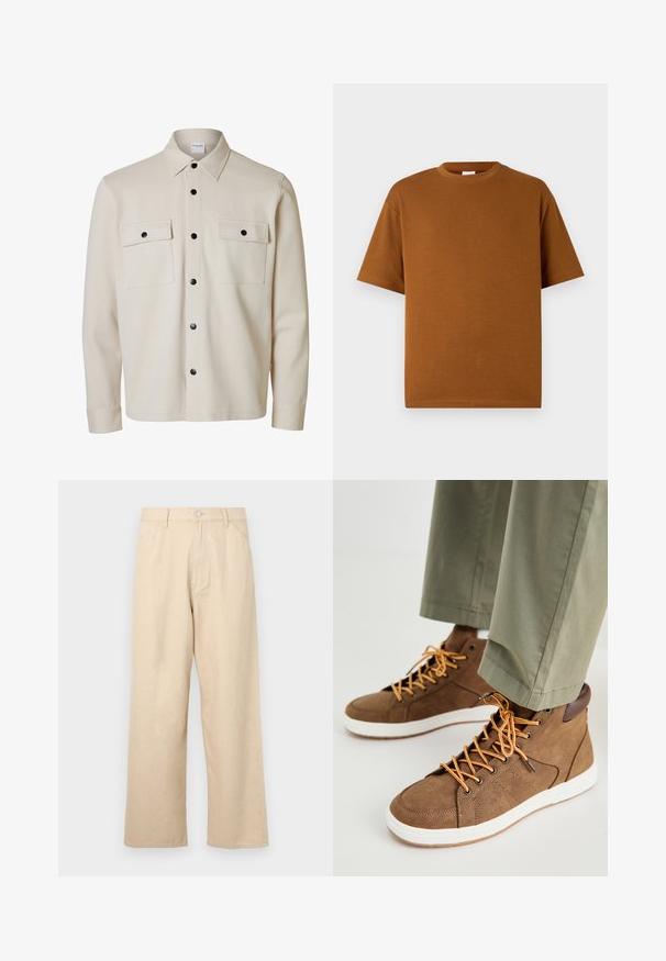 Camisa beige de manga larga con botones negros, dos bolsillos con solapa en el pecho con cierre de botón y cuello puntiagudo.; Camiseta marrón de manga corta hecha de una tela suave, con un escote redondo y un corte relajado con dobladillo recto. Sin patrones ni acentos visibles.; Pantalones de mezcla de denim beige de pierna ancha con un acabado texturizado, que cuentan con un cierre frontal de botones y un diseño clásico de cinco bolsillos.; Zapatillas altas marrones hechas de material texturizado, con cordones naranjas, suela blanca y detalles de cuero marrón. Combinadas con pantalones verdes.
