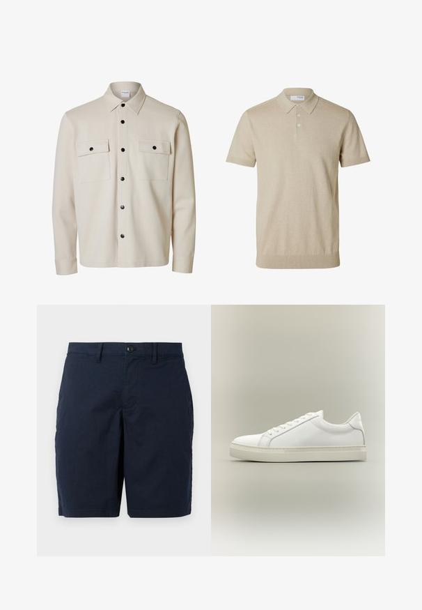 Beige overhemd met lange mouwen en zwarte knopen, twee borstzakken met kleppen en knoopsluitingen, en een puntige kraag.; Beige polo met korte mouwen, kraag en drie knopen, geribde randen aan mouwen en zoom, effen gebreide stof.; Marineblauwe shorts van lichtgewicht stof. Voorzien van een knoopsluiting, vlakke voorkant en twee zijzakken. Klassiek, recht fit ontwerp.; Witte lage sneaker met veters aan de voorkant en dikke zool, zijaanzicht tegen een neutrale achtergrond.