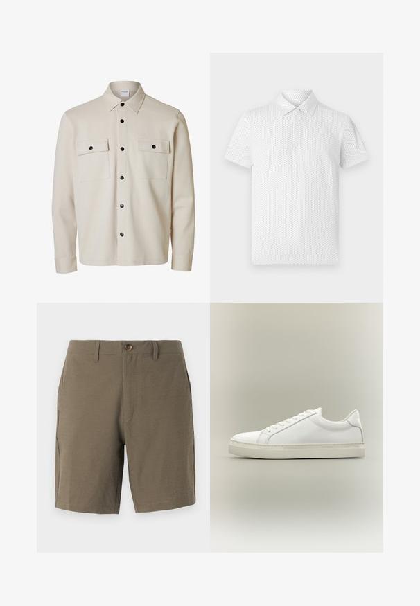 Camisa beige de manga larga con botones negros, dos bolsillos con solapa en el pecho con cierre de botón y cuello puntiagudo.; Polo de manga corta blanca con un pequeño patrón geométrico, tres botones en el cuello y un corte clásico. Fabricado con tejido transpirable.; Pantalones cortos en verde oliva hechos de un tejido texturizado, con cierre de botón y frente plano, y con bolsillos laterales para mayor funcionalidad.; Zapatilla blanca de perfil bajo con cordones en la parte delantera y suela gruesa, mostrada de lado sobre un fondo neutro.